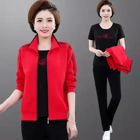 施悦名中老年运动服套装女春秋妈妈秋装外套衣服中年妇女大码三件套
