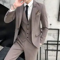 371818秋冬商务休闲男士西服三件套格子西装青年男装礼服
