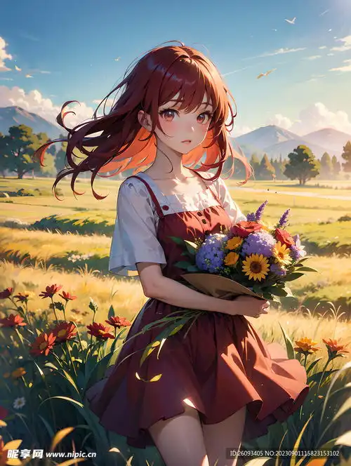 向日葵手捧鲜花二次元动漫插画设计图
