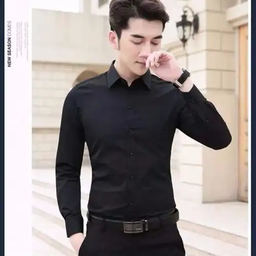 春秋季男士长袖白衬衫韩版修身黑纯色大码薄款衬衣男商务职业工装
