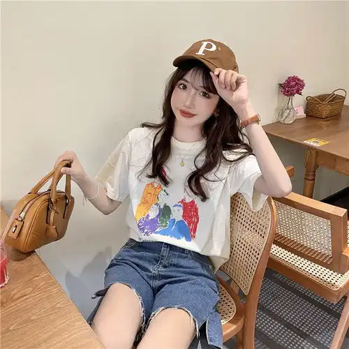 施悦名网红ins潮卡通印花短袖t恤2021年新款小众时尚宽松百搭别致上衣女
